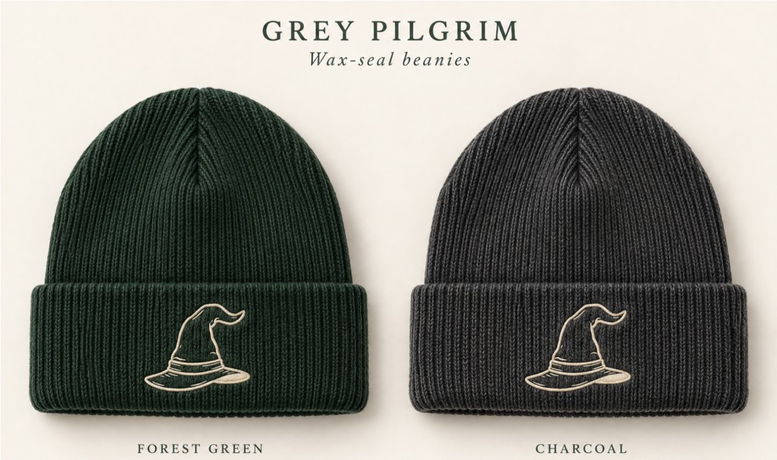 Wax-seal beanies in forest green and charcoal — the hat mark embroidered on the cuff