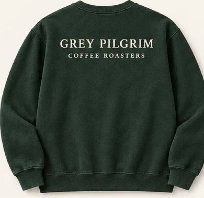 The Seal Crewneck in Forest Green, back — GREY PILGRIM COFFEE ROASTERS across the shoulders