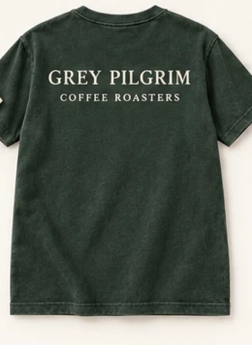 The Seal Tee in Washed Forest Green, back — GREY PILGRIM COFFEE ROASTERS across the shoulders